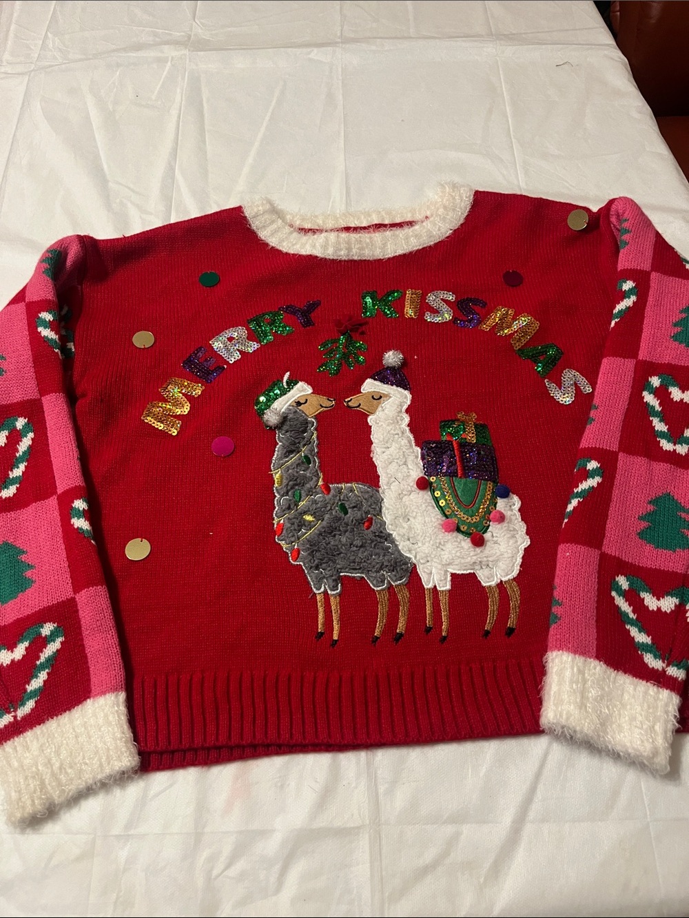 Kiss Red Holiday Crewneck Sweater with Pink Patterned Sleeves